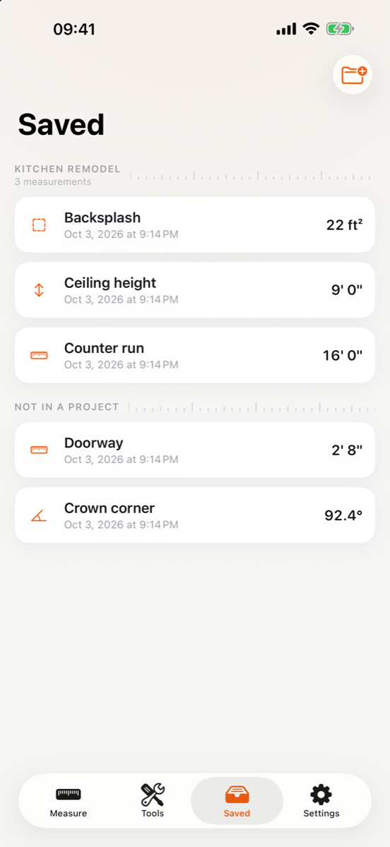 The Tapely Saved screen, showing a kitchen remodel's measurements filed together