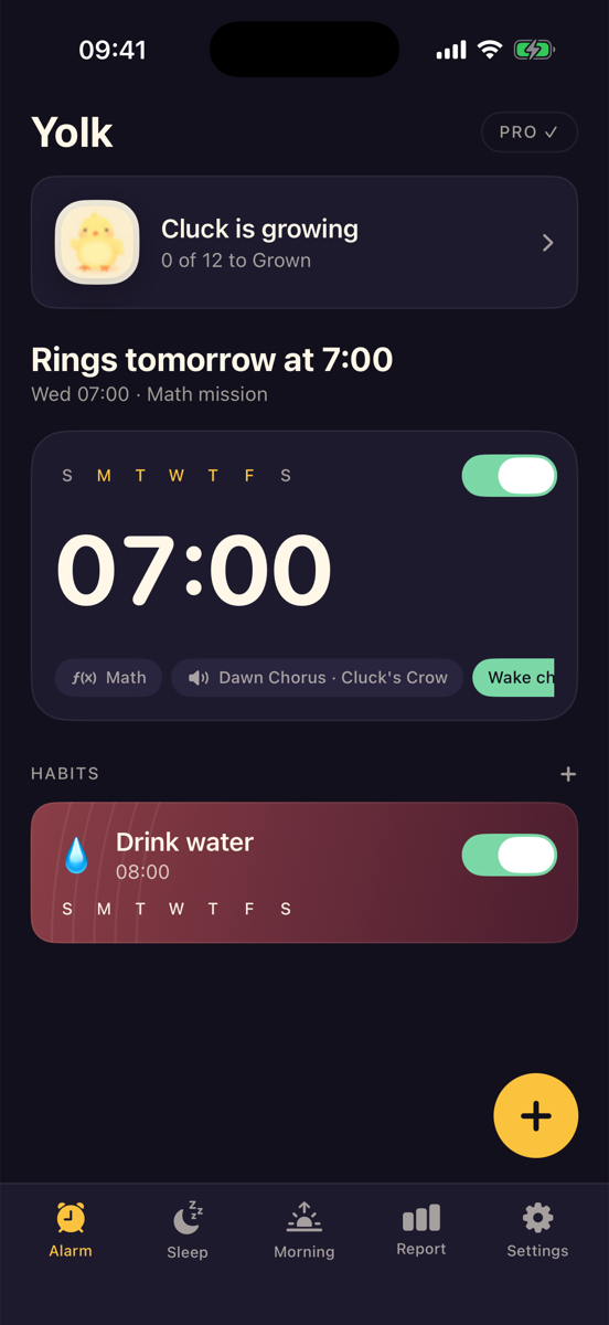 The Yolk home screen, showing the next alarm, its mission and a habit alarm